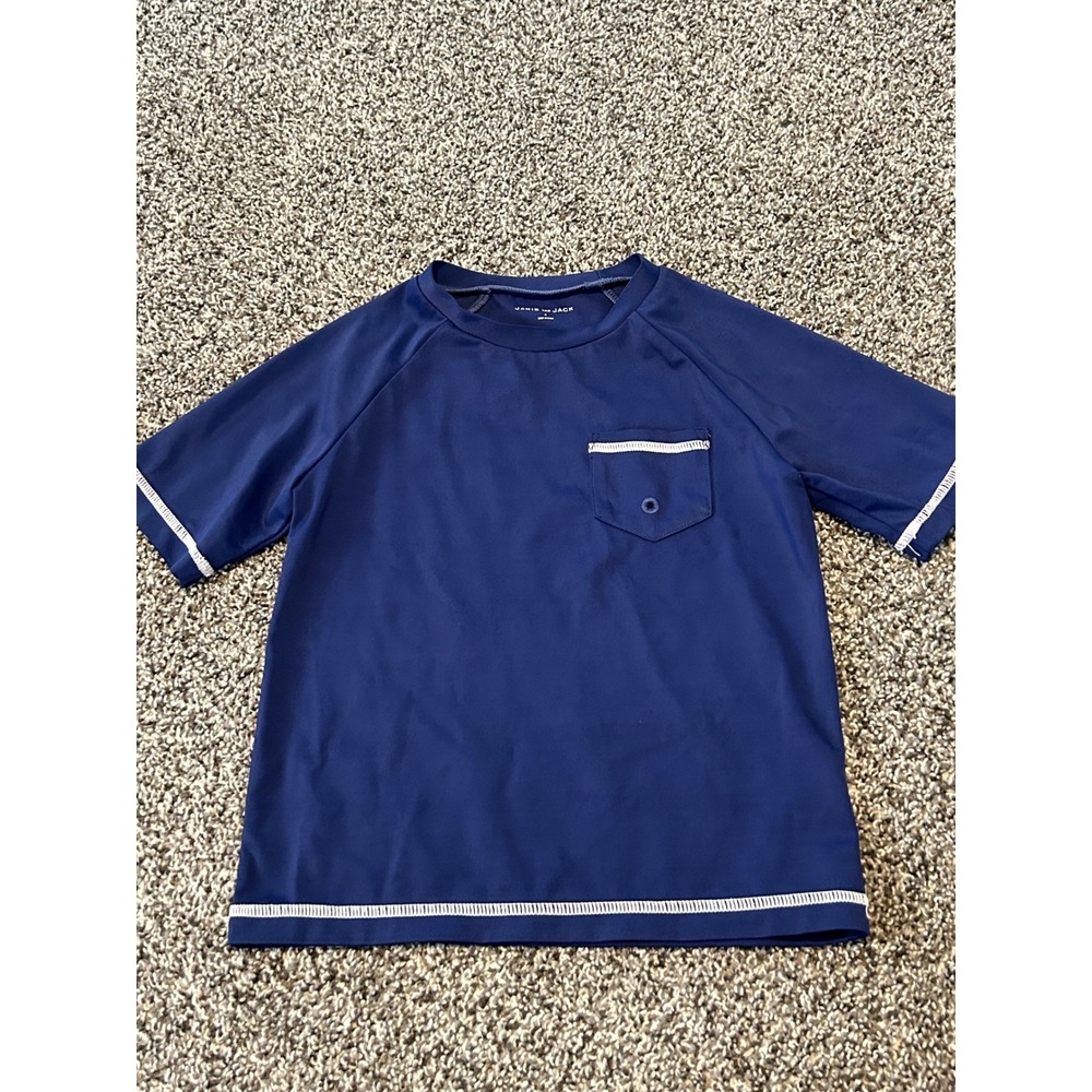 Bb17 Janie and Jack Boys Navy Blue Rash Guard Swim Shirt White Trim Size 4 - Picture 1 of 3